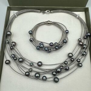 Honora Silver and Black Pearl Necklace Set